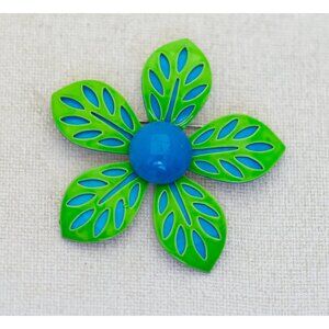 Vintage Elven Green Petals Blue Center Floral Brooch - T22